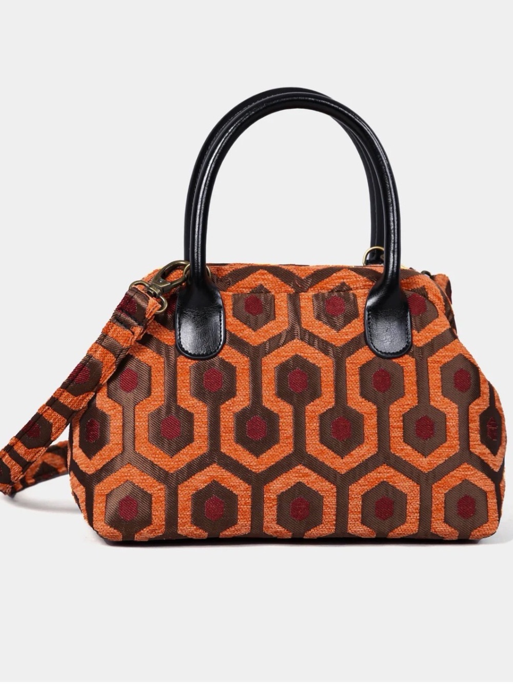 Textured Orange and Brown Geometric Satchel with Black Handles